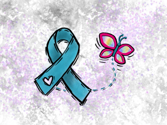 Teal ribbon representing ovarian cancer with colorful butterfly representing other cancers