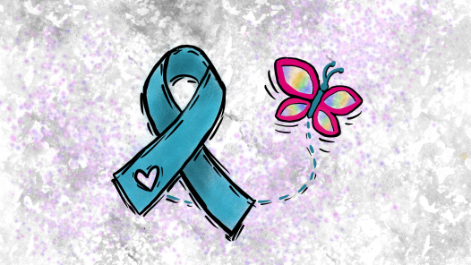 Teal ribbon representing ovarian cancer with colorful butterfly representing other cancers