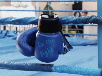 Blue boxing gloves that say "in the fight"