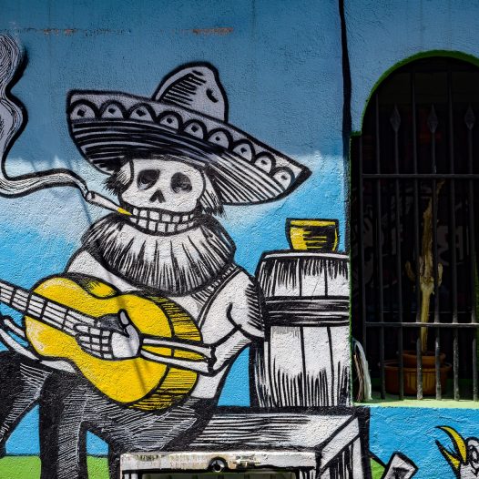 Graffiti of a skeleton with sombrero and beard playing guitar
