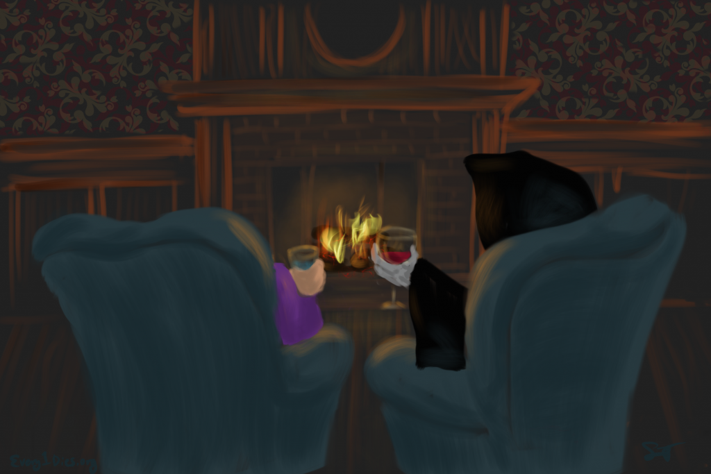 Death and Marianne having drinks by the fireside.
