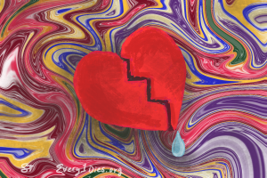A swirling background (representing drug use) with a broken heart and tear (representing grief)