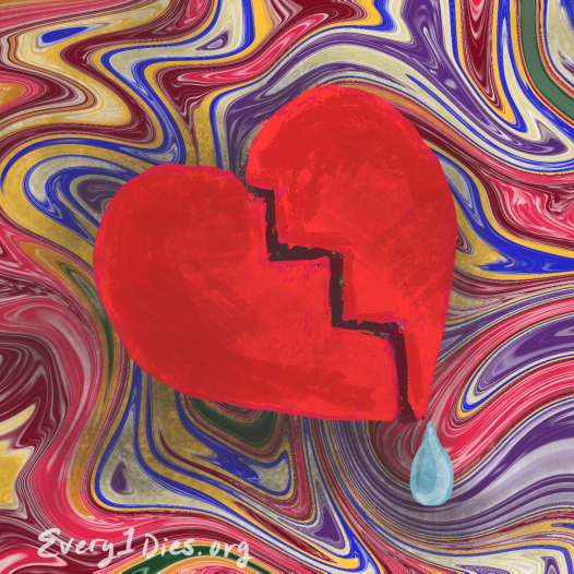 A swirling background (representing drug use) with a broken heart and tear (representing grief)