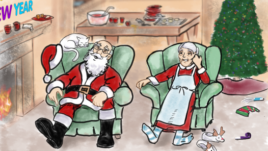 Mr and Mrs Claus exhausted after a corporate New Year's party