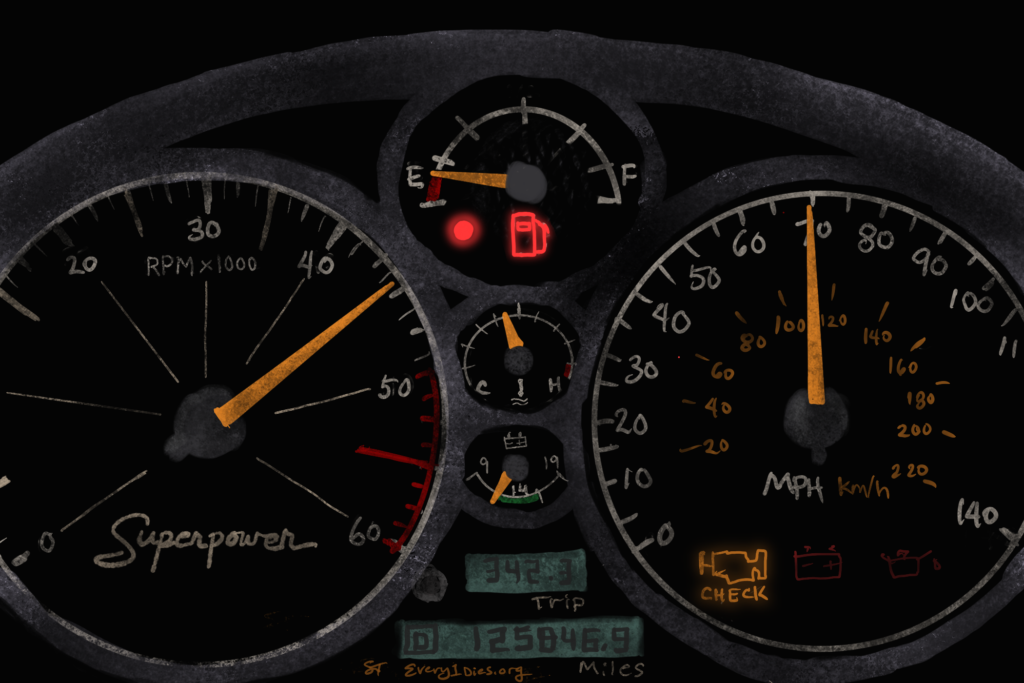 A car dashboard showing empty fuel light, representing lack of energy