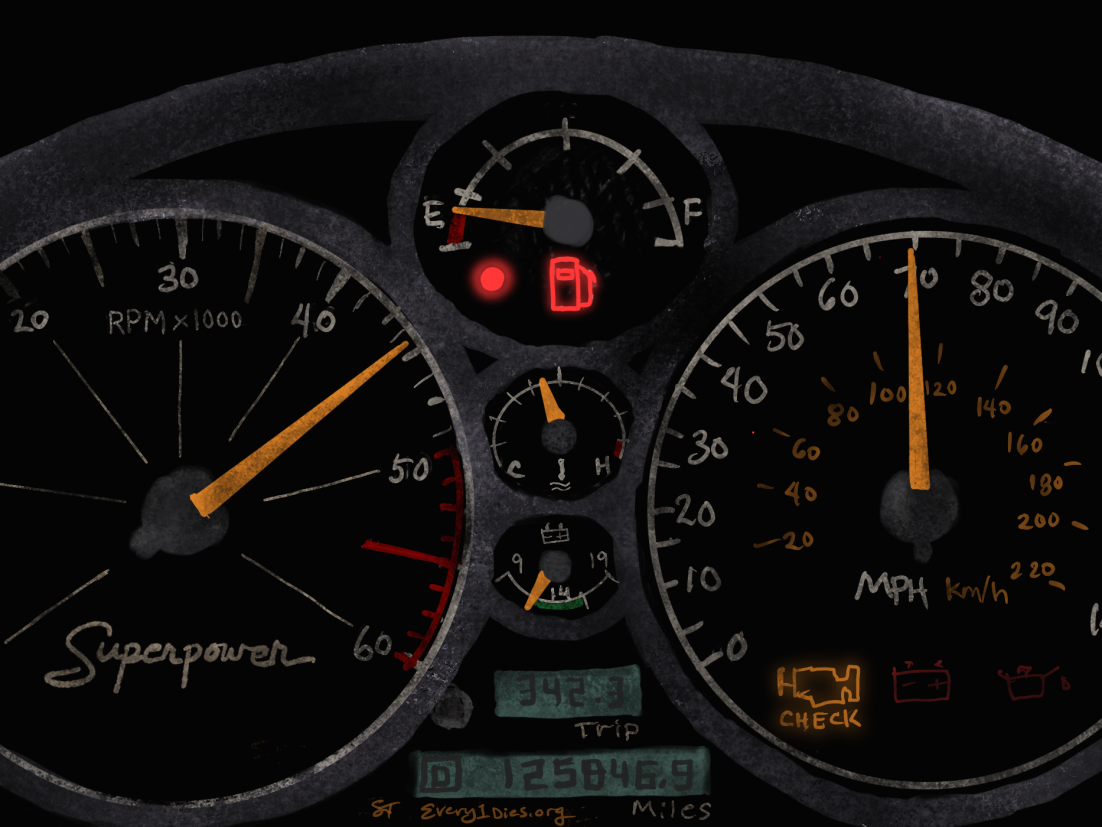 A car dashboard showing empty fuel light, representing lack of energy