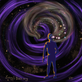 A person facing a space vortex with wisps and stars from their head disappearing into it. Representing the memory loss with dementia.