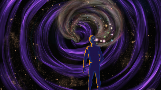 A person facing a space vortex with wisps and stars from their head disappearing into it. Representing the memory loss with dementia.