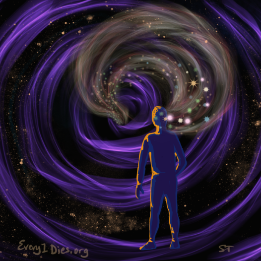 A person facing a space vortex with wisps and stars from their head disappearing into it. Representing the memory loss with dementia.