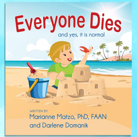 Book cover Everyone Dies (and yes it is normal). Boy holding a crab claw by a sand castle.