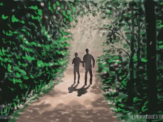A man and woman walking from a dark forest into a light. For a podcast about end-of-life midwifes.