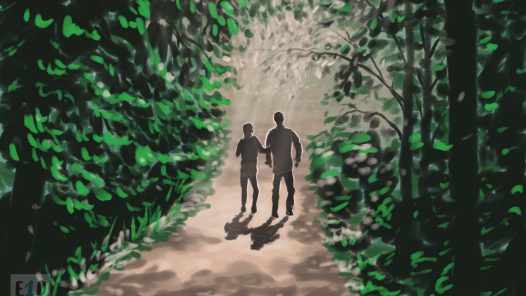 A man and woman walking from a dark forest into a light. For a podcast about end-of-life midwifes.