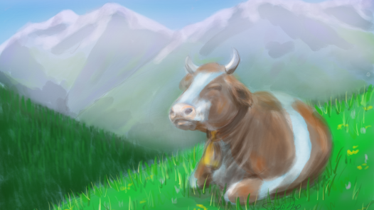 Content Alpine cow resting on hillside