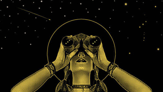 Engraving vector of a Young hipster woman with binoculars and stars