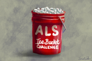 A red 5-gallon bucket filled with ice, with words ALS Ice Bucket Challenge