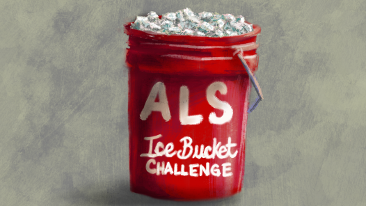 A red 5-gallon bucket filled with ice, with words ALS Ice Bucket Challenge
