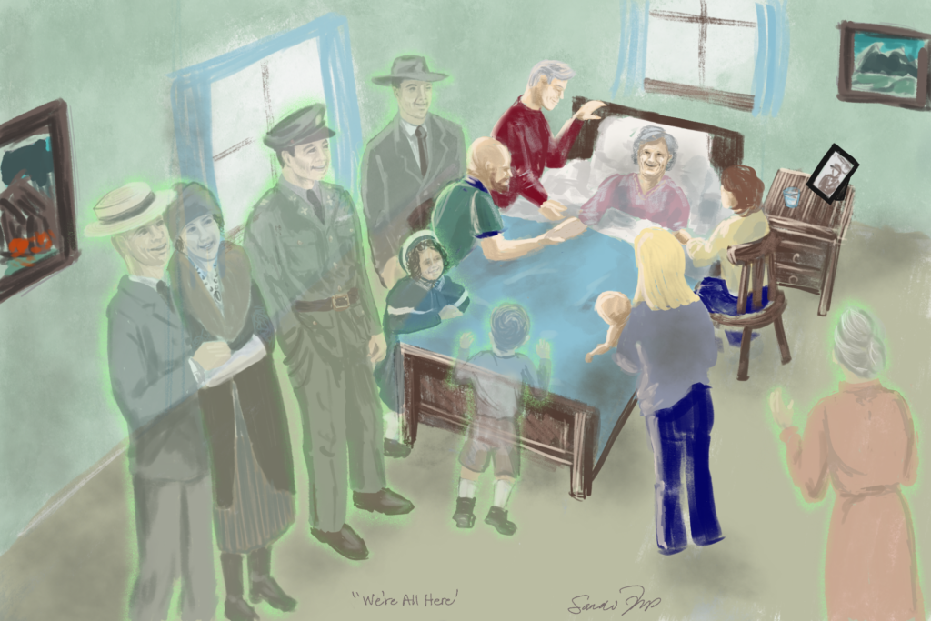 Family around a dying grandmother. Visions of dead family members also in room.