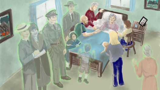 Family around a dying grandmother. Visions of dead family members also in room.