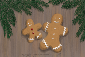 A gingerbread man and child touching hands