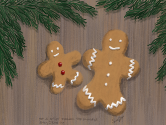 A gingerbread man and child touching hands