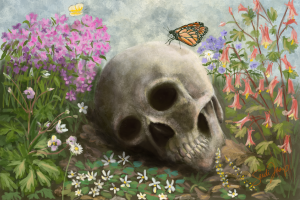 A butterfly on a skull surrounded by columbine, phlox, wild geranium