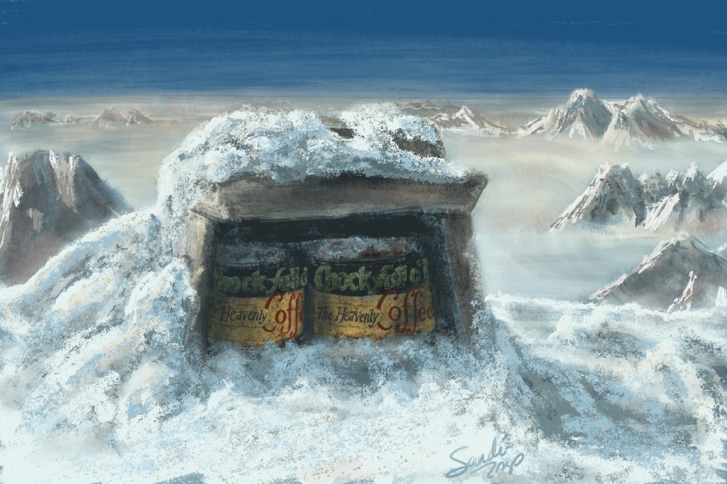 A painting of Chock full o' Nuts cans on top of Mount Everest, from the final scene in "The Bucket List".  Learn all about cremation options in Season 2 Episode 43