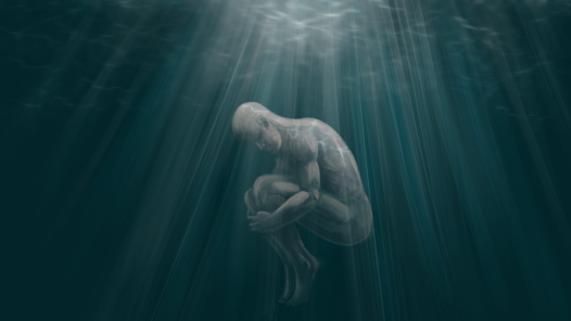 Man curled up floating in water. For discussion about water cremation.