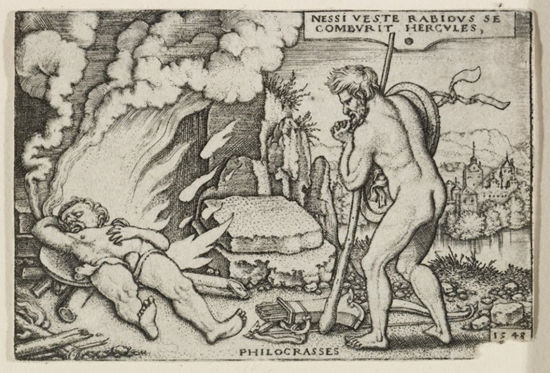 A 1548 engraving by Hans Sebald Beham, called “Hercules on His Funeral Pyre” from a series of renderings on the labors of Hercules. Albright-Knox Art Gallery, Buffalo, New York