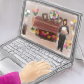 A virtual funeral on a laptop screen. Learn about virtual funerals: https://every1dies.org