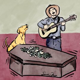 Cowboy playing his guitar by a coffin, and a dog howling. Coffin is vibrating... Learn about songs to wake the dead. Learn about funeral music at Every1dies.org