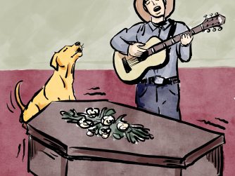 Cowboy playing his guitar by a coffin, and a dog howling. Coffin is vibrating... Learn about songs to wake the dead. Learn about funeral music at Every1dies.org