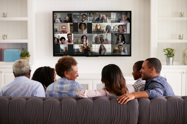 A family in a virtual gathering.  A virtual funeral or memorial can be conducted in this way.