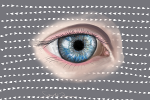 A painting of an eye with a background of arrows zig-zagging back and forth. EMDR (Eye Movement Desensitization and Reprocessing) uses rhythmic back and forth movements of the eye. (https://everyonedies.org)