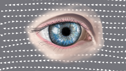 A painting of an eye with a background of arrows zig-zagging back and forth. EMDR (Eye Movement Desensitization and Reprocessing) uses rhythmic back and forth movements of the eye. (https://everyonedies.org)