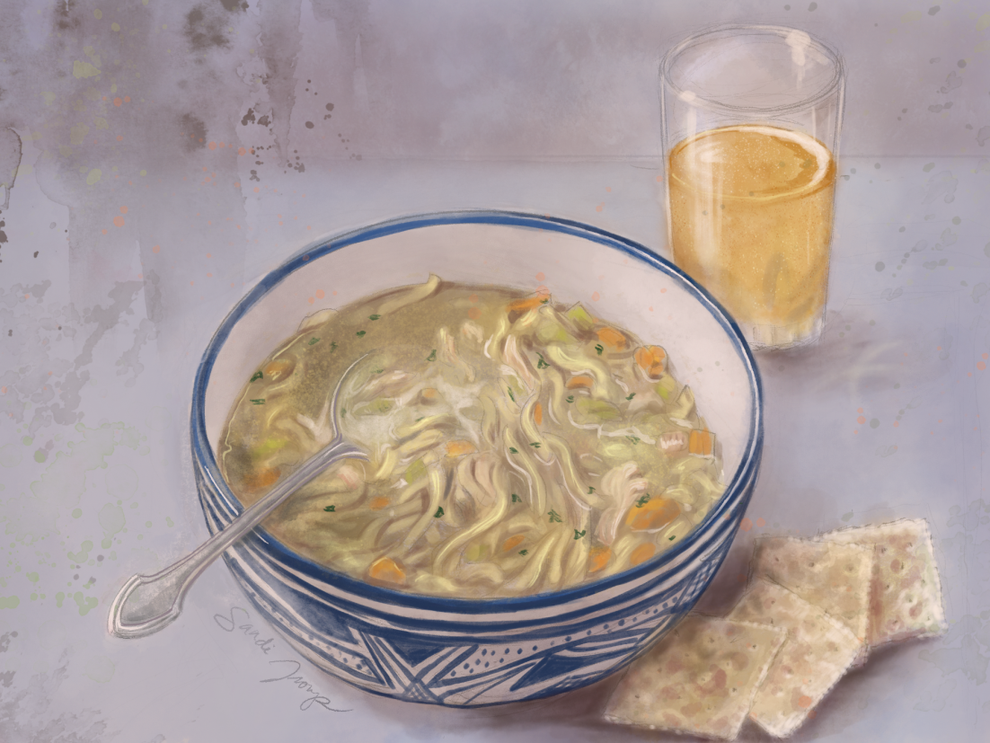 Chicken noodle soup, saltine crackers and ginger ale, straight from mom's kitchen.