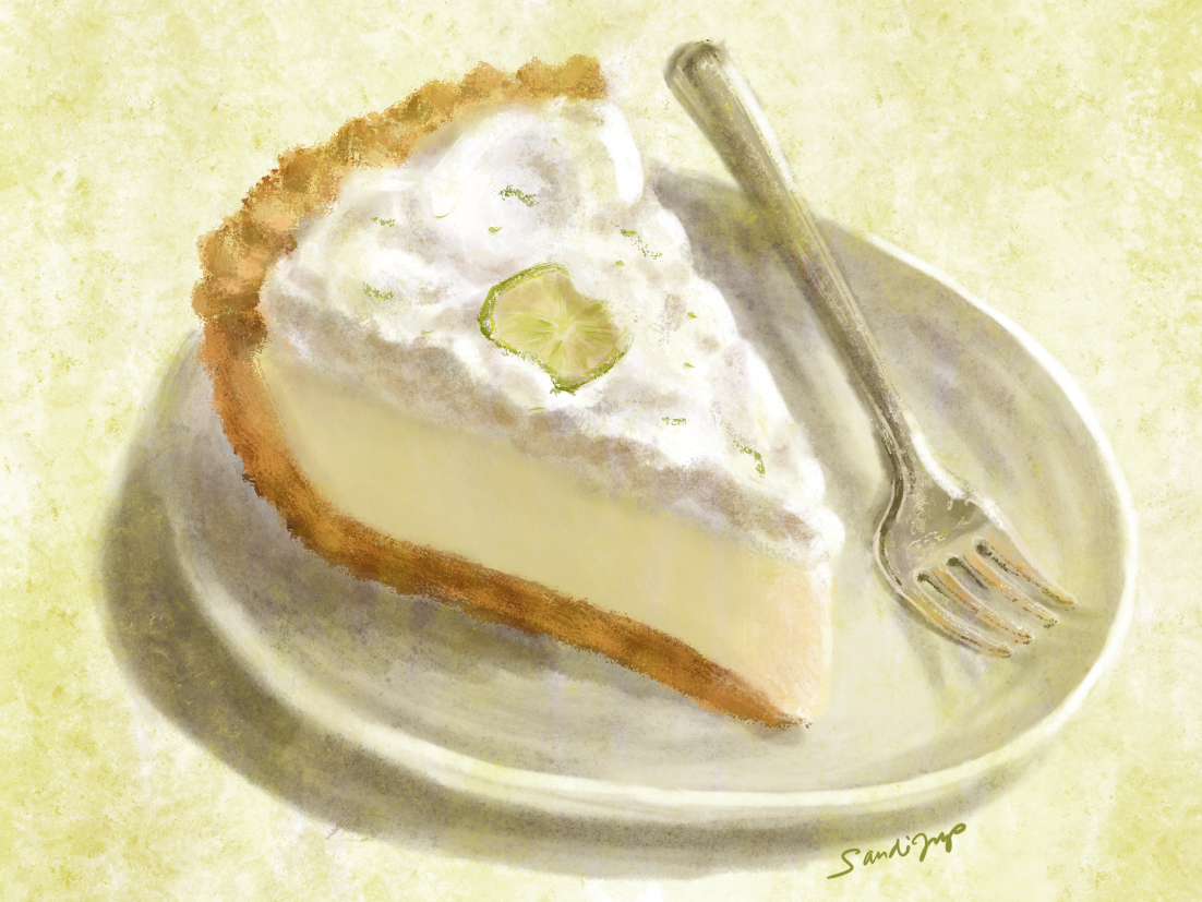 A slice of key lime pie on background of lime green