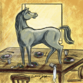 A gray horse on a dining room table. Learn about the story at https://every1dies.org