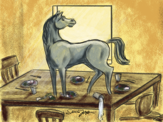 A gray horse on a dining room table. Learn about the story at https://every1dies.org