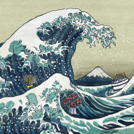 A Japanese-style graphic of a wave crashing. A birthday cake, anniversary roses, and graduation cap are riding the swells. This represents the waves of grief that can be triggered by life events.