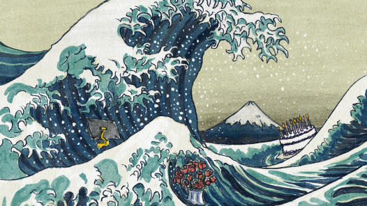 A Japanese-style graphic of a wave crashing. A birthday cake, anniversary roses, and graduation cap are riding the swells. This represents the waves of grief that can be triggered by life events.