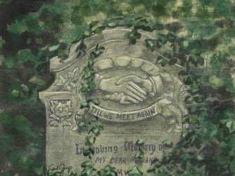 A gravestone with hands holding with text "Till we meet again"