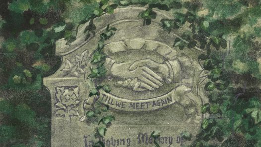 A gravestone with hands holding with text "Till we meet again"