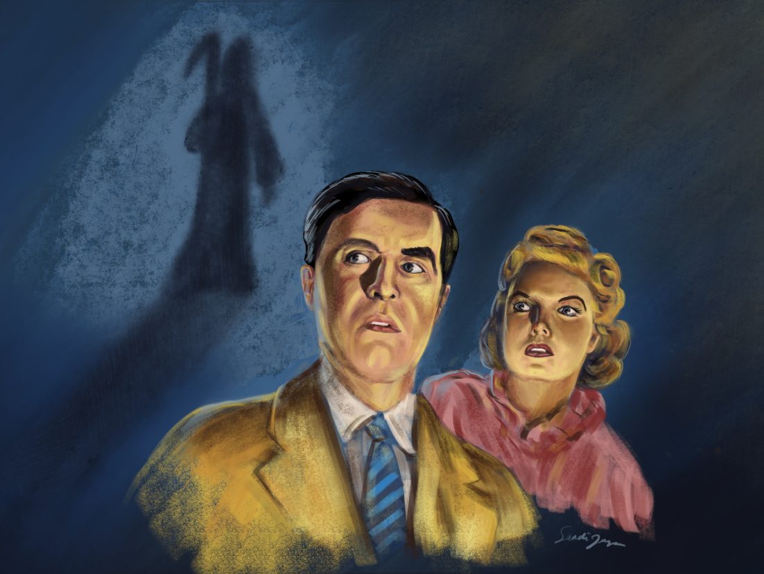 Man and woman with dramatic lighting and a shadow of death in background.  Art for S3E22 Podcast, "Why Do We Fear Death?"