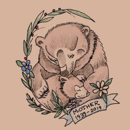 A tattoo of a mama bear and her cub with memorial.