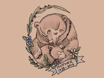A tattoo of a mama bear and her cub with memorial.