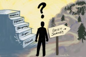 A grieving person staring at the "stages" of grief verses a grief journey; a winding path with ups and downs