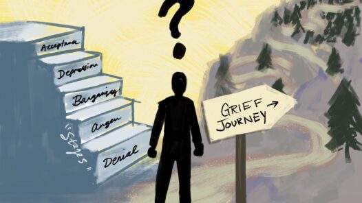 A grieving person staring at the "stages" of grief verses a grief journey; a winding path with ups and downs