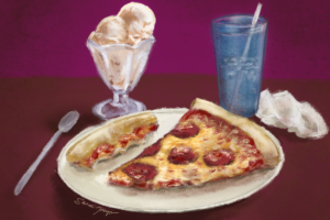 Pepperoni pizza on a plate with a uneaten crust. A dish of vanilla ice cream and water are in the background. Live every day like it is your last good day: Eat Pizza and Ice Cream!