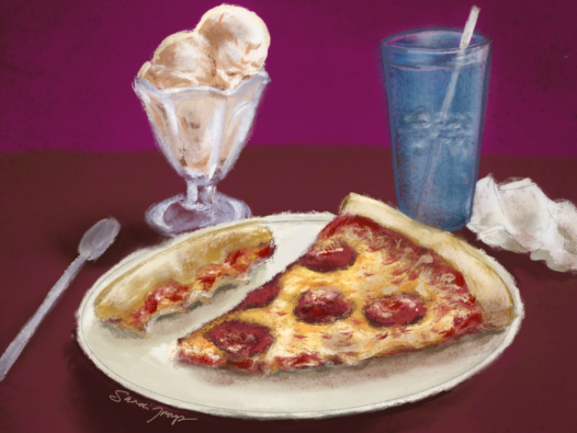 Pepperoni pizza on a plate with a uneaten crust. A dish of vanilla ice cream and water are in the background. Live every day like it is your last good day: Eat Pizza and Ice Cream!