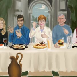 The Everyone Dies team eating the favorite foods they would pick for a special last meal. This is part of a S3E43 Death Positive episode.